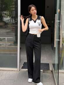 DAZY Women's Elegant Solid Color Flared Pants, Korean Style Petite - Black - View 3