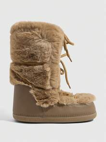 CUCCOO SZL Coffee Brown Full Plush Patchwork Mid-Calf Snow Boots For Women, Round Toe Thick Sole Flat Bottom Outdoor Winter Boots With Drawstring - Coffee Brown - View 2