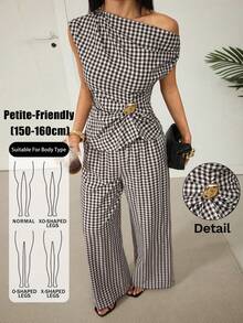 SHEIN PETITE 女款棕色格紋露肩兩件式套裝，附金屬裝飾，適合辦公穿著 - 棕色 - 查看 8