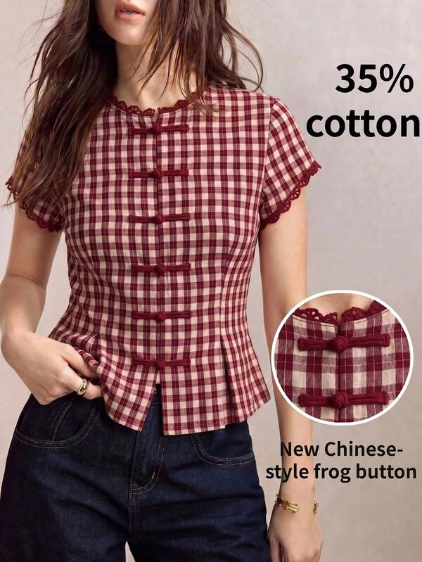 BizChic Women's Stand Collar Lace Trim New Chinese Style Frog Button Blouse, Elegant Casual Commute Office Vacation Date Independence Day Graduation Season Music Festival Slimming Versatile June Festival Birthday Party Gathering Formal Summer