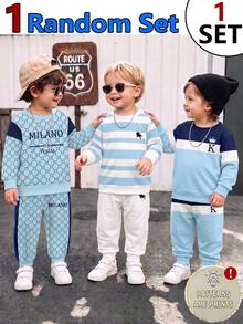 SHEIN 1 Random Set,,Blue Color Block Graphic Print Crew Neck Long Sleeve Sweatshirt With Logo Print Long Sweatpants - Multicolor - View 3