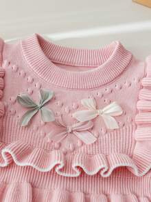 SHEIN Vintaside Kids 6個月至3歲女嬰幼兒粉色荷葉邊3D蝴蝶結針織毛衣洋裝，皮克針織公主裙，適合1歲生日派對、外出、拍照，春秋款 - 杏色 - 查看 5