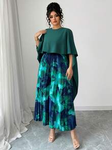 Elenzga Plus Size Green Pleated Design Dress, Suitable For Evening Party, Vacation, Spring/Summer/Autumn Fall - Dark Green - View 3