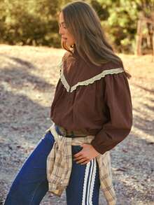 WESTFADE Funnel Neck Lace Trim Long Sleeve Oversized Jacket, Fall, Winter, Autumn, Female Country Look, Cowgirl, Rodeo, Festival, Western - Brown - View 2