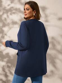 SHEIN Clasi Plus Size Black Long Sleeve Loose Knit Jacket With Pockets Winter Fall Autumn - Navy Blue - View 5