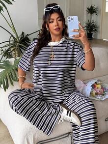 SHEIN EZwear 大尺碼女款條紋拼色短袖上衣與長褲休閒日常兩件套 - 藏蓝色 - 查看 2