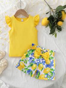 SHEIN Elladie kids 两件套：女童时尚黄色圆领荷叶袖上衣 + 柠檬印花3D蝴蝶结短裤，时尚休闲套装，适合日常、海滩、度假、夏季穿着 - 黃色 - 查看 1