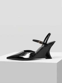 Mnmlis Spring And Summer Buckle Strap Design Pointed Wedge Heel Commuter Glossy Black Backspace High Heel Sandals Workplace Dating - Black - View 1