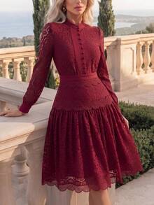 Anewsta Women's Summer Lace Long Sleeve Elegant Mid-Length A-Line Red Burgundy Dress - Red - View 2