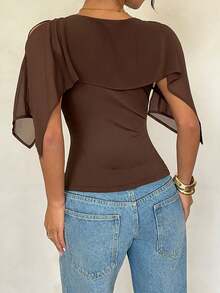 Siren Gaze Women's Bohemian Style Chiffon Knit Blend Cold Shoulder Shawl Top,Summer Top - Brown - View 3