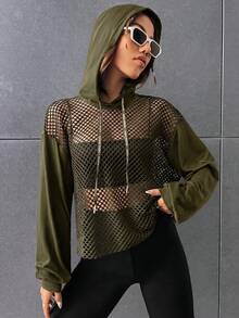 SHEIN EZwear 深綠色夏季健身房運動休閒風落肩抽繩網紗連帽衫，不含內搭背心，寬鬆低腰設計 - 軍綠色 - 查看 3