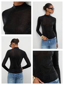 Maija Casual Business Sexy Basic Festival Mesh Top Summer Fall Modern Urban Minimalist Basic Commute Layering Long Sleeve Outwear - Black - View 5