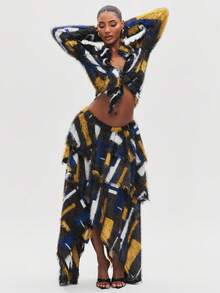 NYA SZN Cera Skirt Baggy High Waist Going Out Sexy Fitted Brunch Birthday Party Special Occasion School Abstract Block Pattern Yellow Blue Black - Yellow - View 3
