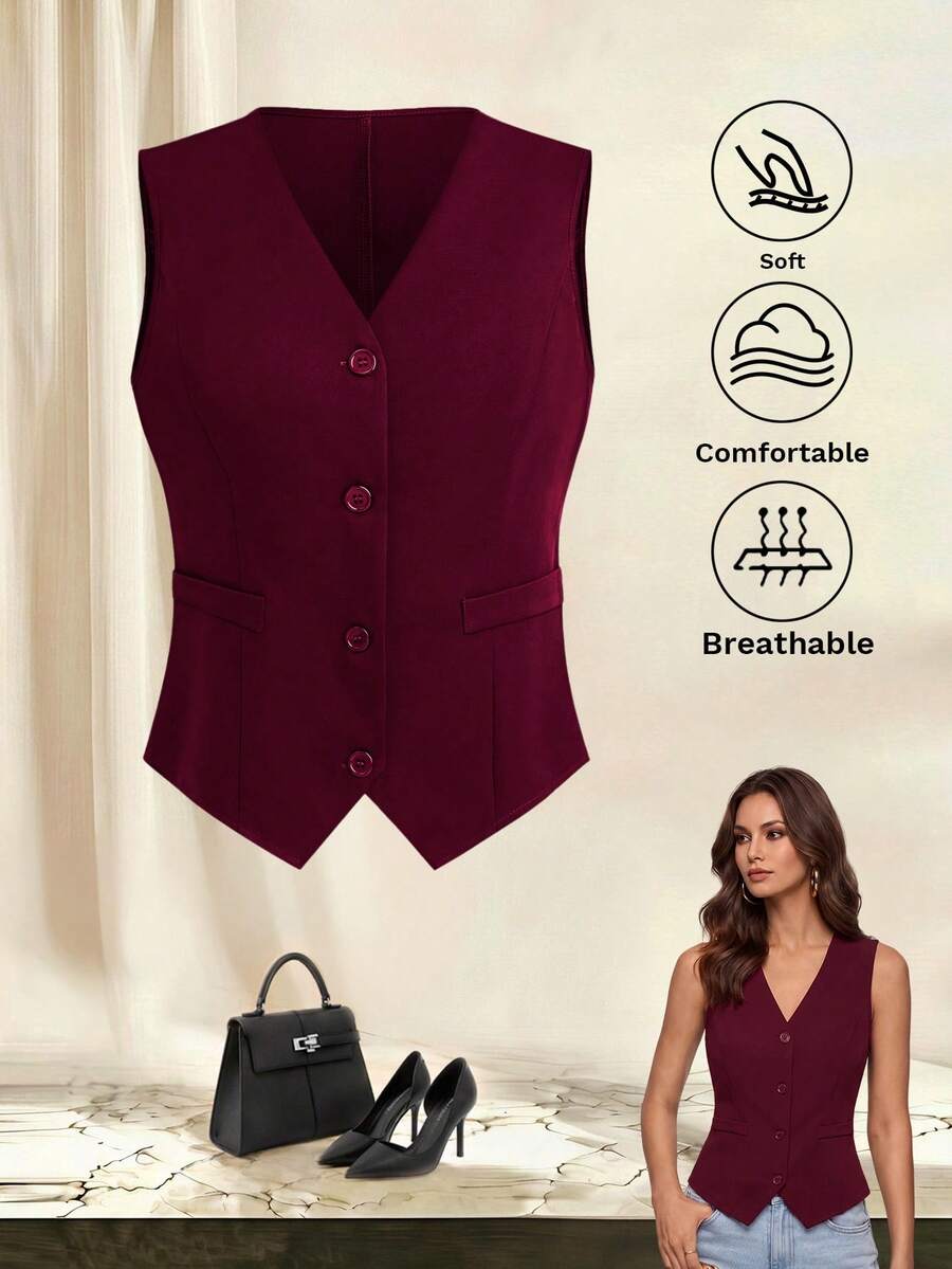 Yalmera Women's Solid Color Button Formal Fitted Vest Jacket - Burgundy - View 1