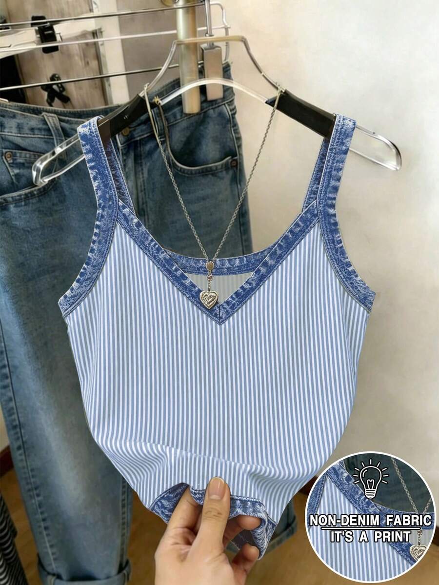 Resyla Women's Casual Striped Print Trim Camisole Tank Top, Suitable For Summer Holiday And Daily Commute - Multicolor - View 1