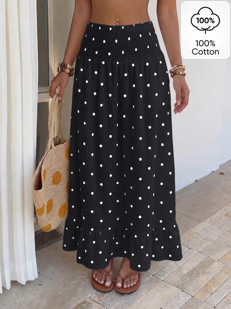 Sunnyshic Women's Spring/Summer Polka Dot Ruffle Hem Slimming Beach Casual Vacation Style Skirt - Black - View 1