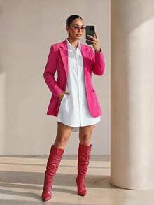 Structelle Women's Solid Color Notch Lapel Casual Versatile Commute Travel Blazer Jacket - Hot Pink - View 5
