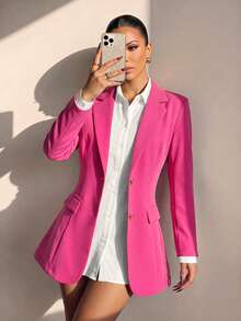 Structelle Women's Solid Color Notch Lapel Casual Versatile Commute Travel Blazer Jacket - Hot Pink - View 6