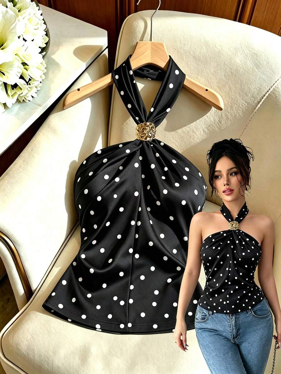 SHEIN Unity Atasan Tanpa Lengan dengan Tali Bahu Tipis Berkerut dan Potongan Ramping Warna Aprikot dengan Polkadot Hitam untuk Musim Semi/Panas - Hitam dan Putih - View 1