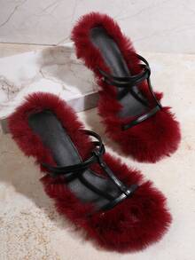 Hauture Women's Fashionable High Heel Plush Sandals For Wedding Party Valentines Spring Break Easter - Burgundy - View 6