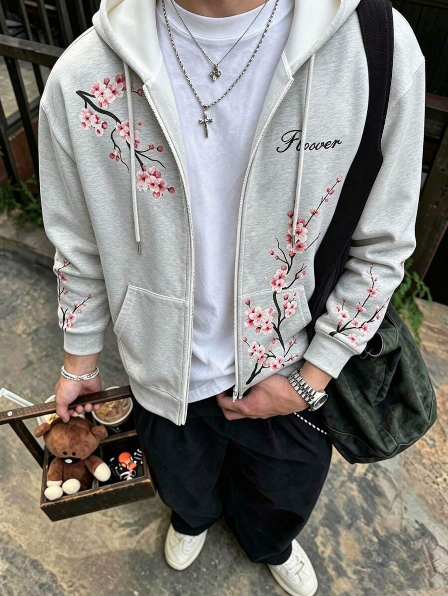 Manfinity Dauomo 秋季戶外上衣 男款連帽拉鍊運動衫 復古梅花印花圖案 灰色休閒連帽衫 日常通勤風 學生穿搭 青春活力運動風 休閒百搭 復古印花圖案 圖像設計 - 彩色 - 查看 1