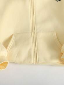 Tween Girls Cream Yellow Front Zipper Hoodie With Embroidered & Sweatpants Tracksuit 2Pcs Set - Yellow - View 8