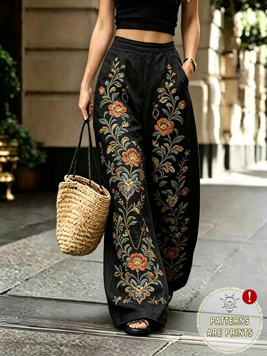 Balvessa Women's Floral Print Casual Vacation Long Pants - Black - View 1