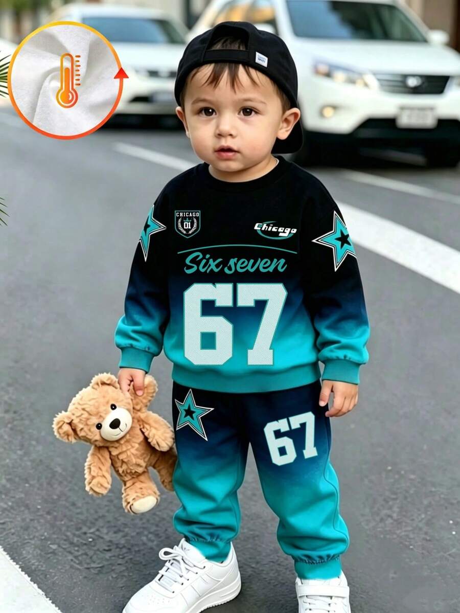 SHEIN 男嬰黑色綠色漸層數字67星星印花毛衣套裝 寬鬆運動街頭風校園穿搭 返校季秋季黑色毛衣長褲 - 彩色 - 查看 1