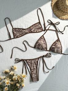 Swim Mod مجموعة ملابس سباحة نسائية جديدة للصيف، مجموعة شاطئ متعددة الاستخدامات، 2 توب و1 قطعة سفلية، لون أرز زونغ، مجموعة بيكيني بطبعة زيبرا الأكثر مبيعًا، توب بيكيني قابل للتعديل برباط عنق وتصميم مثلث، قطعة سفلية مثلثية برباط، مناسبة لارتداء الشاطئ والعطلات الصيفية - متعدد الألوان - مشاهدة 6