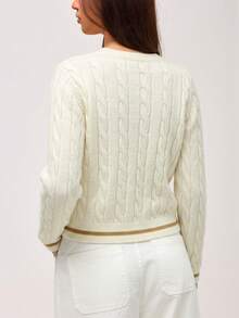 SHEIN Orluneo 女式秋季扭纹长袖单排扣休闲针织开衫 - 白色 - 查看 3