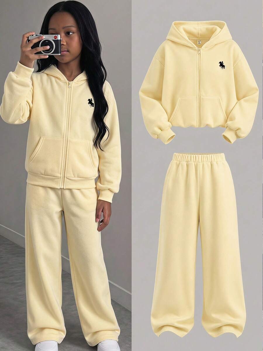 Tween Girls Cream Yellow Front Zipper Hoodie With Embroidered & Sweatpants Tracksuit 2Pcs Set - Yellow - View 1