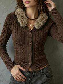 LUMIGAL Cardigan Rajut Kabel Lengan Panjang Berkerah Bulu Wanita, Kancing Tunggal - Coklat - View 4