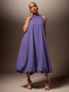 Vixey Solid Woven Bubble Hem Halter Neck Midi Dress - Purple - View 1