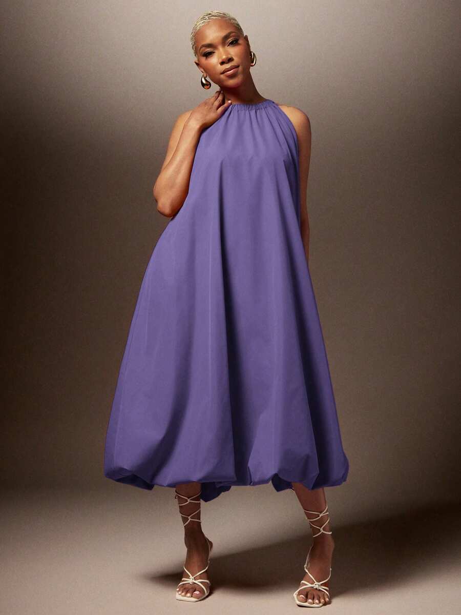 Vixey Solid Woven Bubble Hem Halter Neck Midi Dress - Purple - View 1