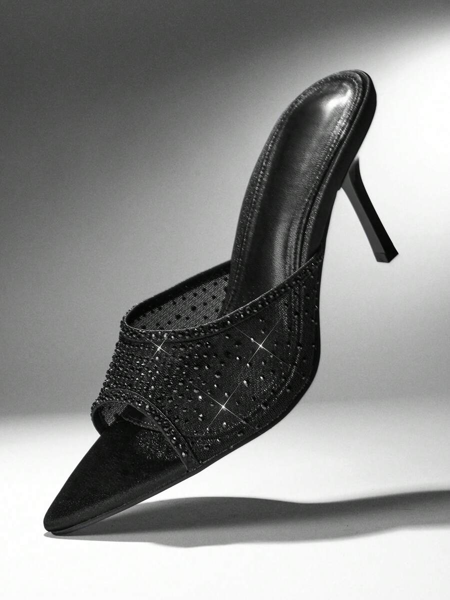 SHUZIA Women Elegant Pointy Toe Rhinestone Decor Mesh Slip-On Heel Sandals - Black - View 1