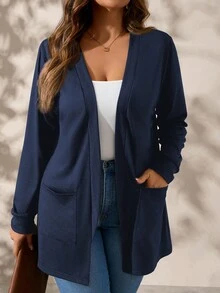 SHEIN Clasi Plus Size Black Long Sleeve Loose Knit Jacket With Pockets Winter Fall Autumn - Navy Blue - View 2