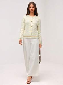 SHEIN Orluneo 女式秋季扭纹长袖单排扣休闲针织开衫 - 白色 - 查看 4
