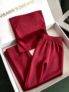 INAWLY Solva Women's Sexy Streetwear Bandeau Top And Flared Pants 2 Pieces Set - Burgundy - View 3