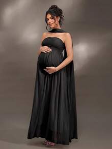 Cheriluna Maternity 聖誕派對洋裝/優雅派對洋裝/嬰兒洗禮派對洋裝 百褶細節 純色 露肩 優雅無袖 孕婦拍照洋裝 - 黑色 - 查看 5