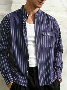 TONEVAULT Kemeja Kasual Pria Bergaris Lengan Panjang Kancing Tunggal dengan Kantong Serbaguna - Navy Blue - View 4