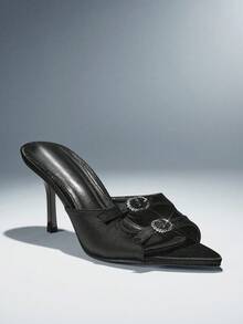 SHUZIA Women Elegant Pointy Toe Rhinestone Buckle Slip-On Heel Sandals - Black - View 5