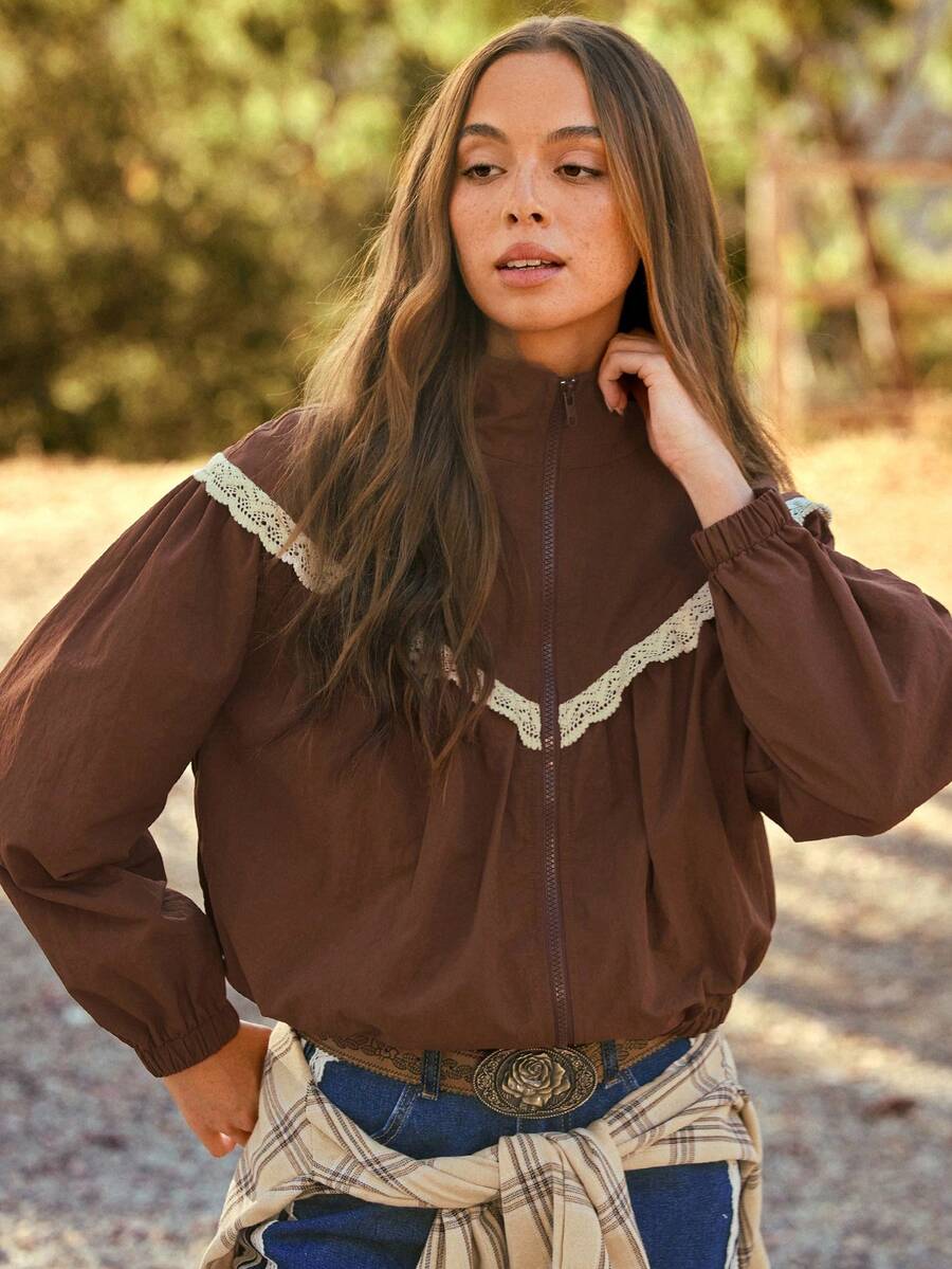 WESTFADE Funnel Neck Lace Trim Long Sleeve Oversized Jacket, Fall, Winter, Autumn, Female Country Look, Cowgirl, Rodeo, Festival, Western - Brown - View 1