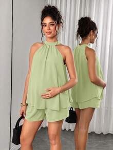 Momance 2pcs Maternity Set Halter Neck Sleeveless A-Line Loose Top With Adjustable Waist Straight Leg Shorts - Mint Green - View 6