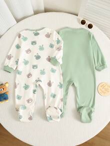 SHEIN 2pcs Newborn Baby Boy & Girl Autumn/Winter Casual Cute Cartoon Pattern Knitted Romper Set, Snug Fit Loungewear - Multicolor - View 2