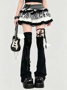 ROMWE Kawaii 可愛 Y2K 風格蝴蝶結綁帶純色女款腿套，適合時尚裝飾、動漫角色 Cosplay、JK 配件 - 黑色 - 查看 4