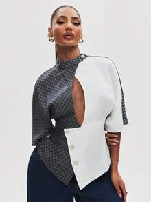 NYA SZN Top Short Sleeve Color Button Front Block Special Occasion Checkered Crossover School Office Work Wear Birthday Party Going Out Black White - Black and White - View 1