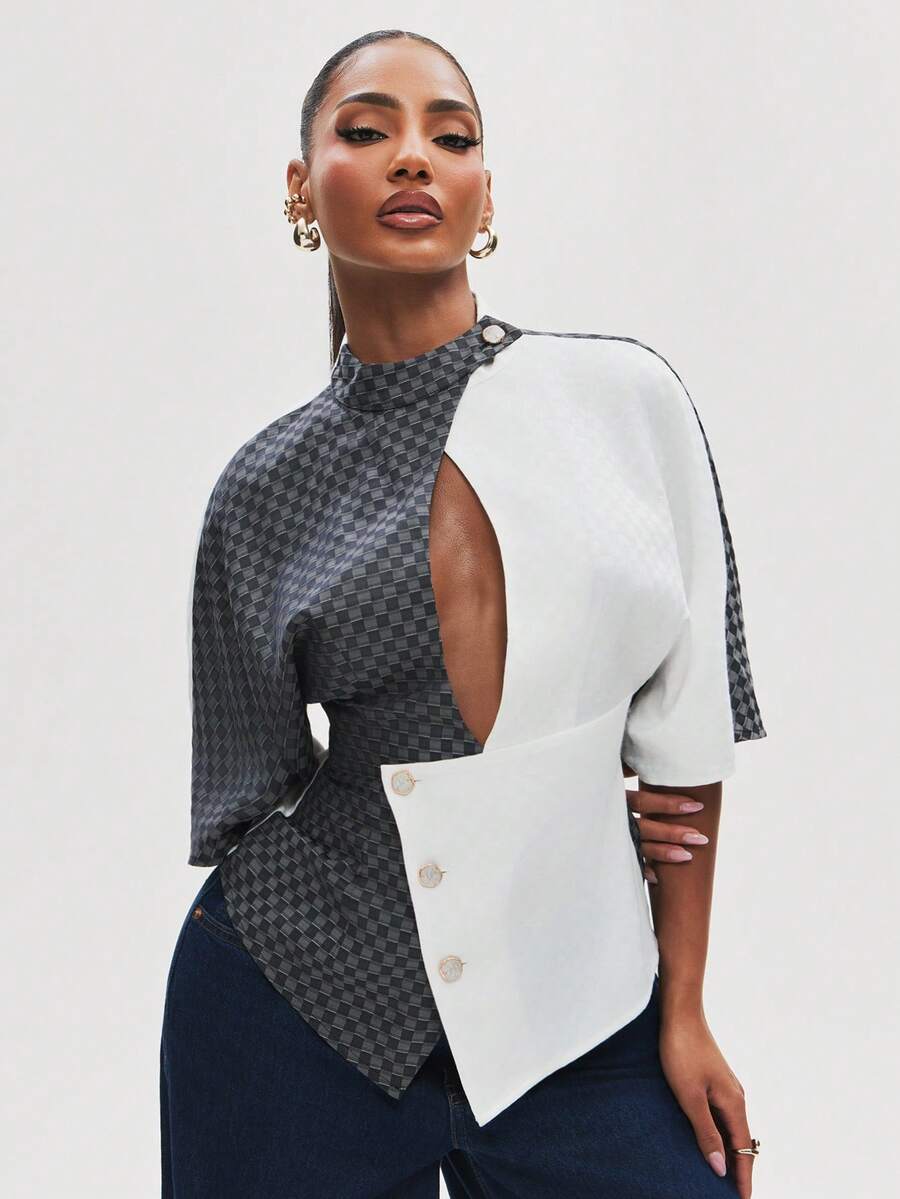 NYA SZN Top Short Sleeve Color Button Front Block Special Occasion Checkered Crossover School Office Work Wear Birthday Party Going Out Black White - Black and White - View 1