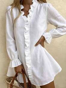 Vaclyn Women's Fashion Elegant Solid Color Frill Trim Casual Vacation Dress - White - View 1