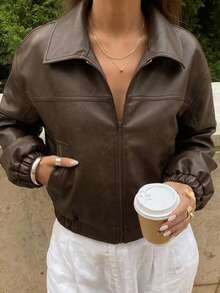 DAZY Women's Casual PU Leather Collar Long Sleeve Regular Jacket Y2k - Coffee Brown - View 4