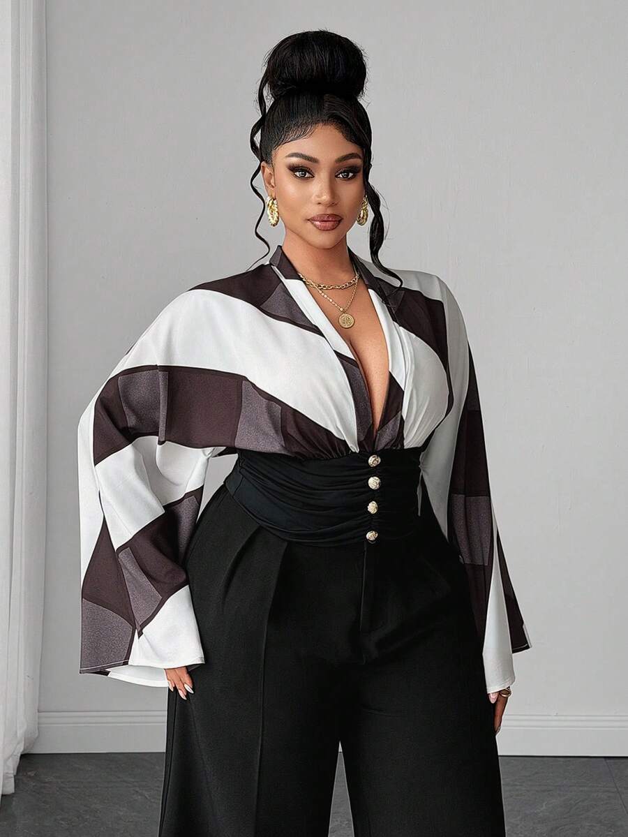 Maweii Geometric Colorblock Print Deep V-Neck Batwing Sleeve Blouse With Ruched Waist And Gold Button Short Shirt Fall - Multicolor - View 1